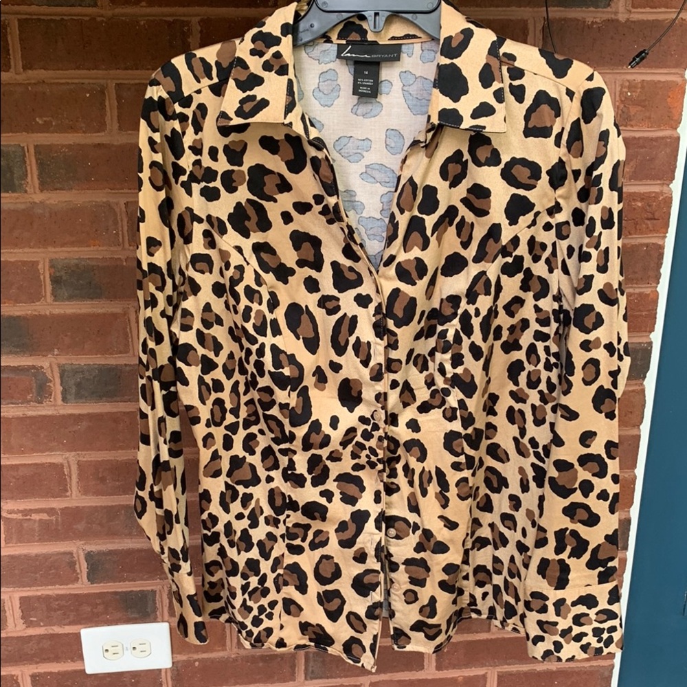 Lane Bryant Tan Leopard Print Long Sleeve Button Down Shirt